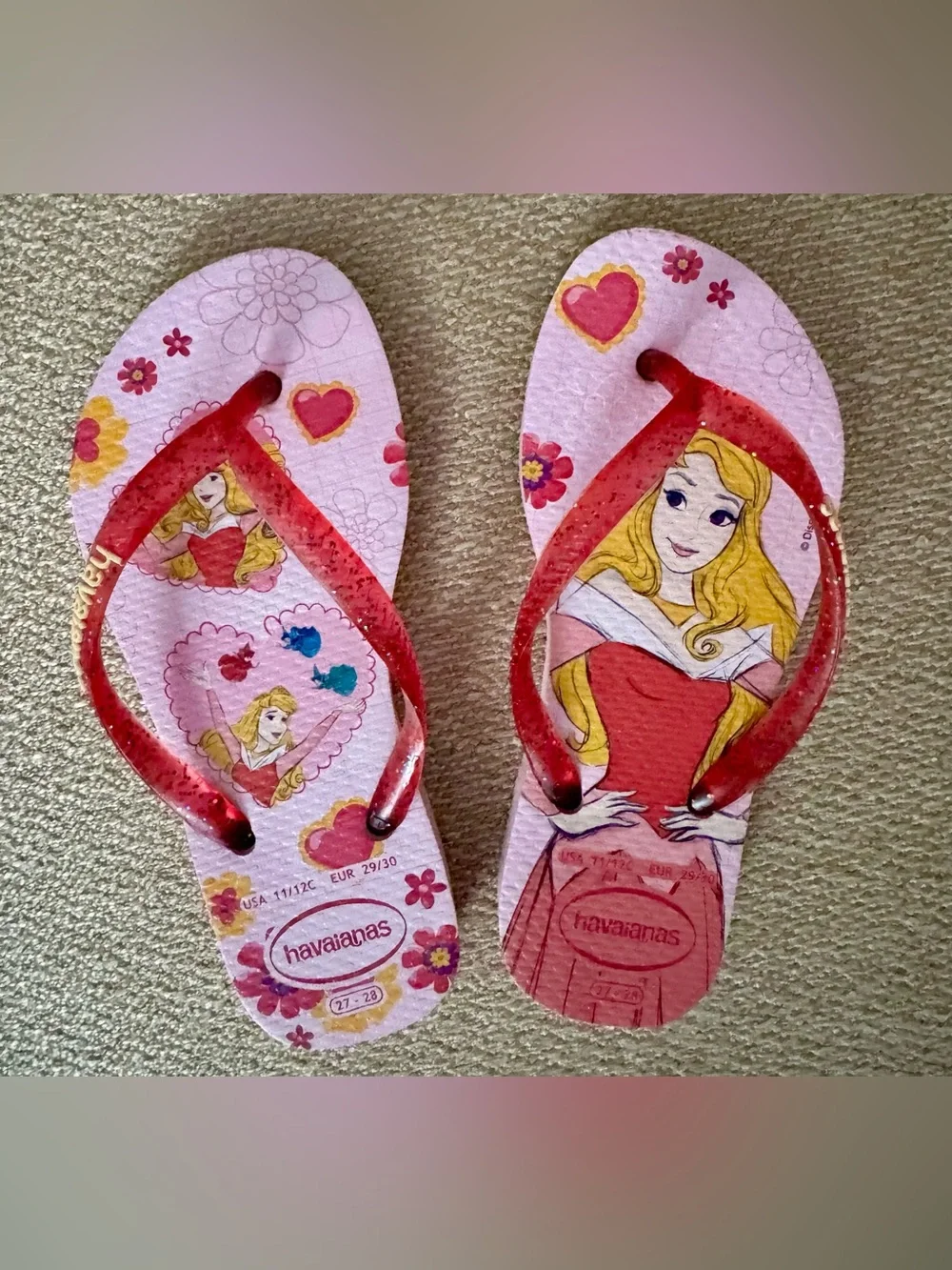Havaianas Kids Pink Princess Flip Flops with Red Glitter Straps